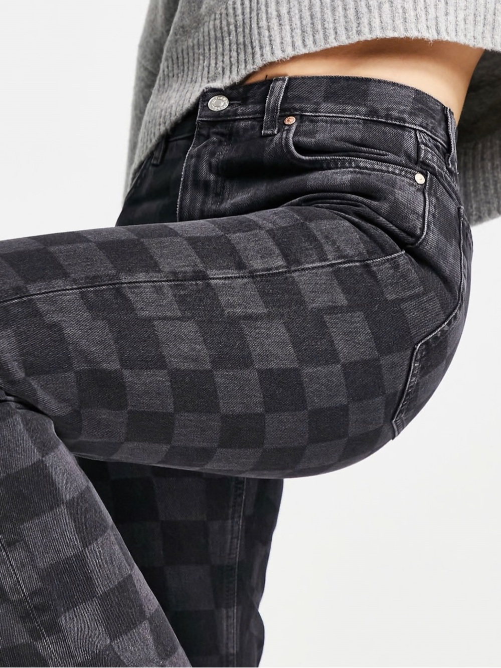 MNG Denim Mango Straight Leg Jeans Checkered Print Black Women's 2